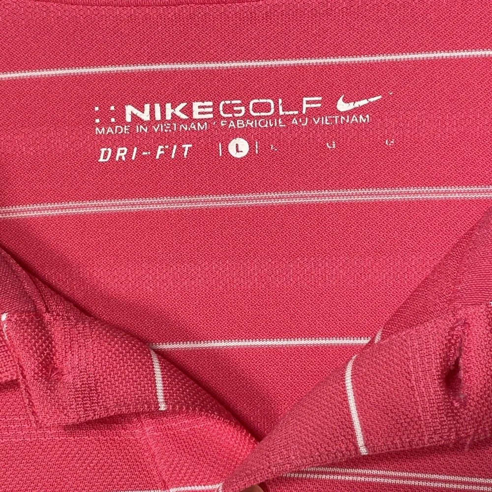 Nike‎ Golf Polo Large Dri Fit Performance Pink Striped Wicking Short Sleeve Mens